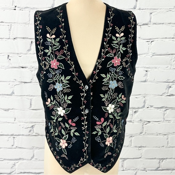Vtg Chrysantheme Embroidered Velvet Vest Small Black Floral Boho 90s Grandmacore - Picture 1 of 10